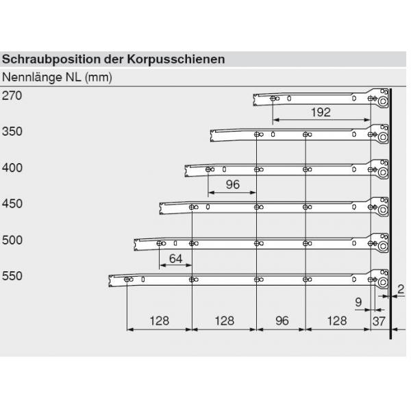 blum METABOX Stahlzarge N = 54 mm, Teilauszug, 25 kg, NL=400 mm, Schraubversion