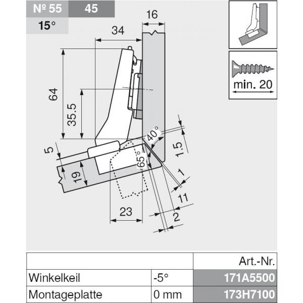 CLIP top Winkelscharnier +20° II, aufschlagend, ohne Feder, Topf: Schrauben