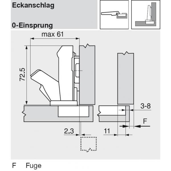 CLIP top 0-Einsprungscharnier 155° Eckanschlag mit Feder zum Anschrauben