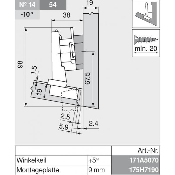 CLIP top Winkelscharnier -15° III, max. aufschlagend, ohne Feder, Topf: Schrauben