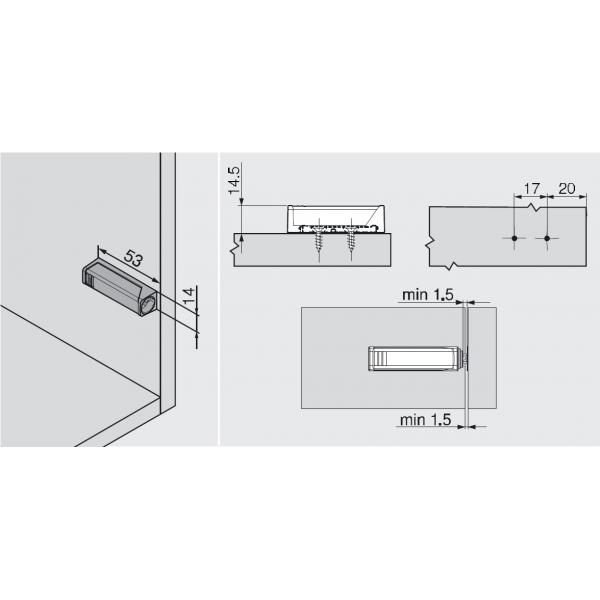 TIP-ON für Türen, Adapterplatte Kurzversion gerade, zum Schrauben (20/17mm) platingrau