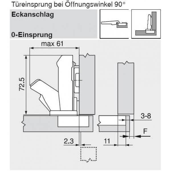 CLIP top 0-Einsprungscharnier 155°, Eckanschlag, mit Feder, Befestigung: INSERTA