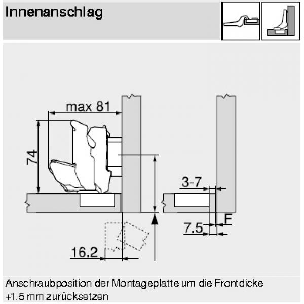 CLIP top BLUMOTION Weitwinkelscharnier für 0-Einsprung 155°, Mittelanschlag mit Feder Schrauben, 71B7650