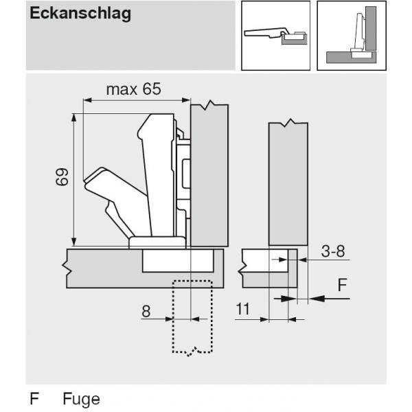 CLIP top Weitwinkelscharnier 170°, gerade, mit Feder, Topf: Schrauben